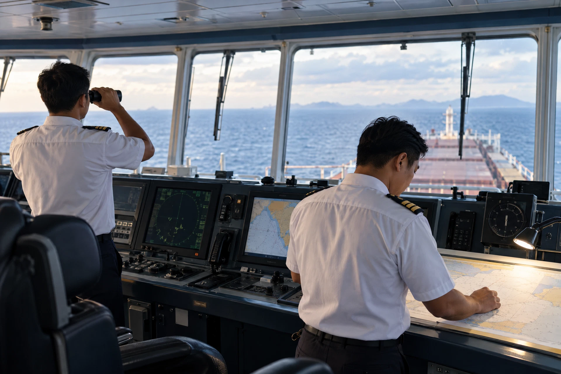 Merchant vessel bridge and professional maritime officers