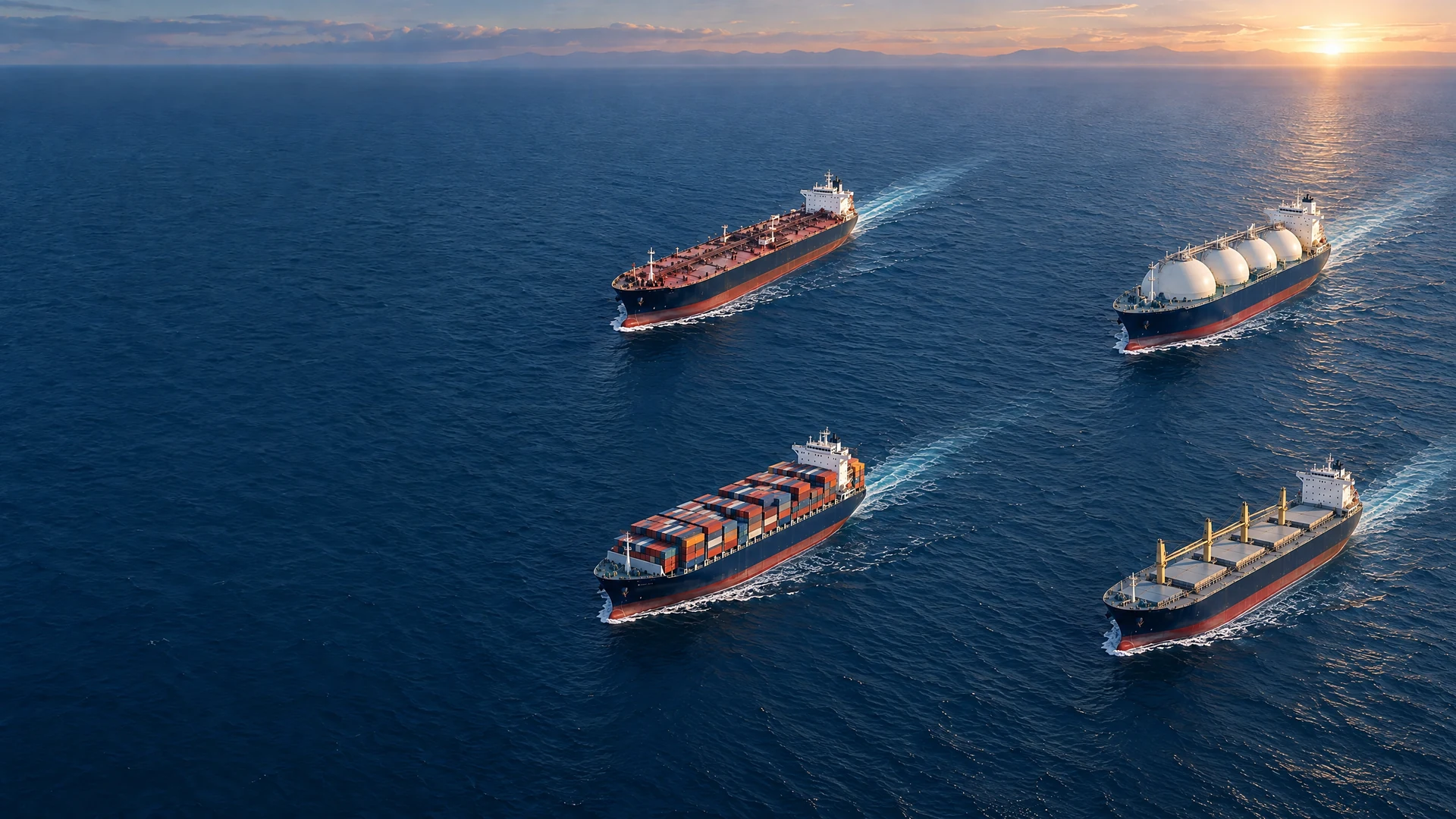 Oil tanker, gas tanker, container vessel and bulk carrier navigating the open ocean